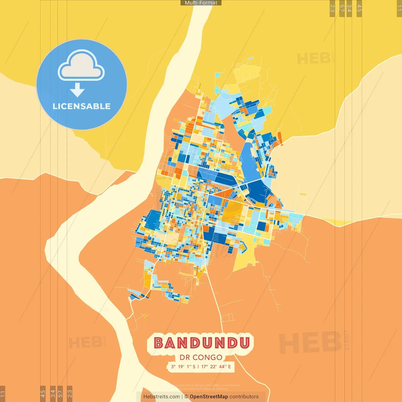 Bandundu, DR Congo blue and orange vector art map template