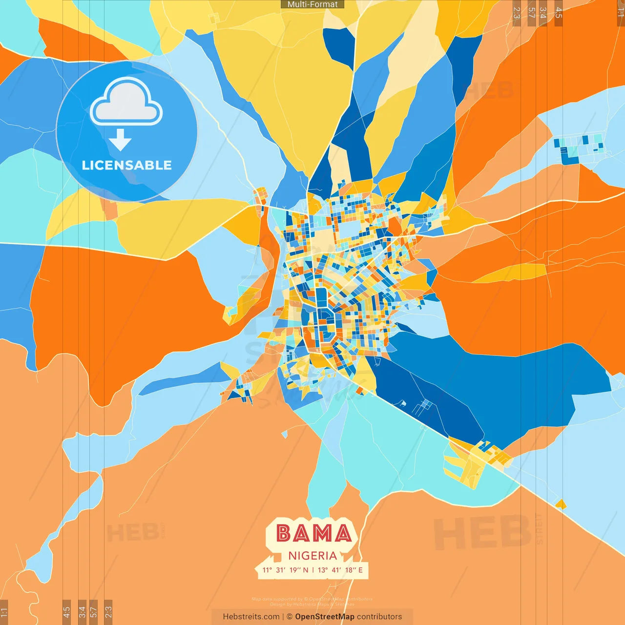 Bama, Nigeria blue and orange vector art map template