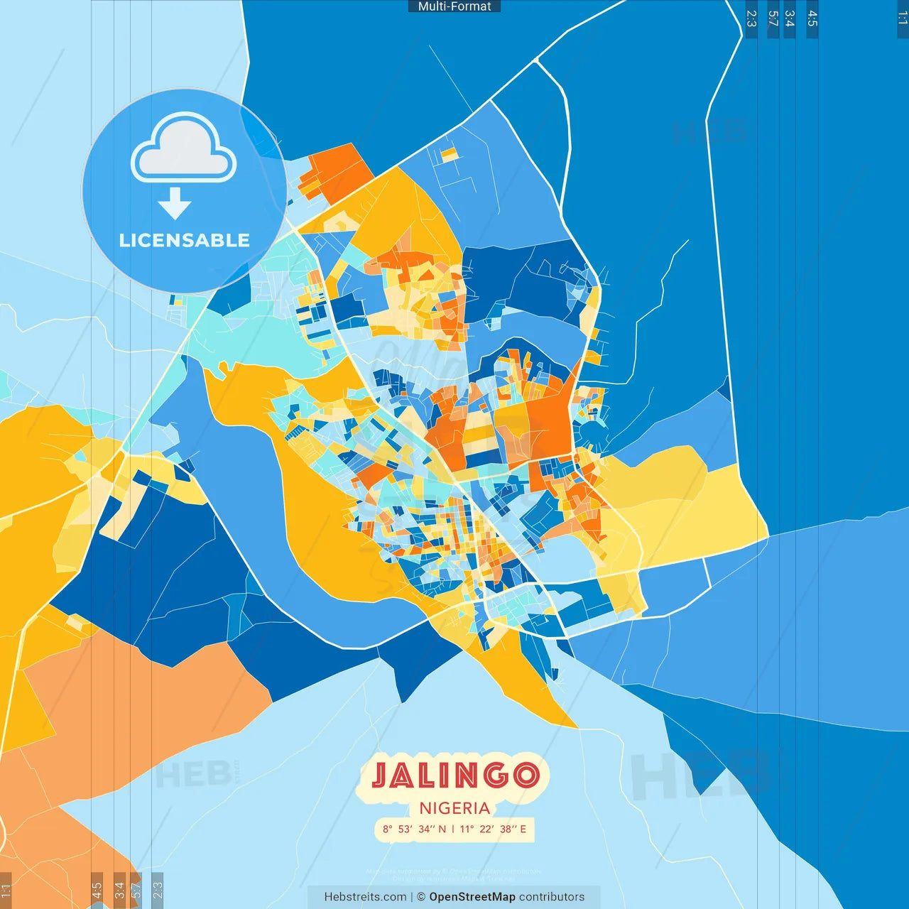 Jalingo, Nigeria blue and orange vector art map template
