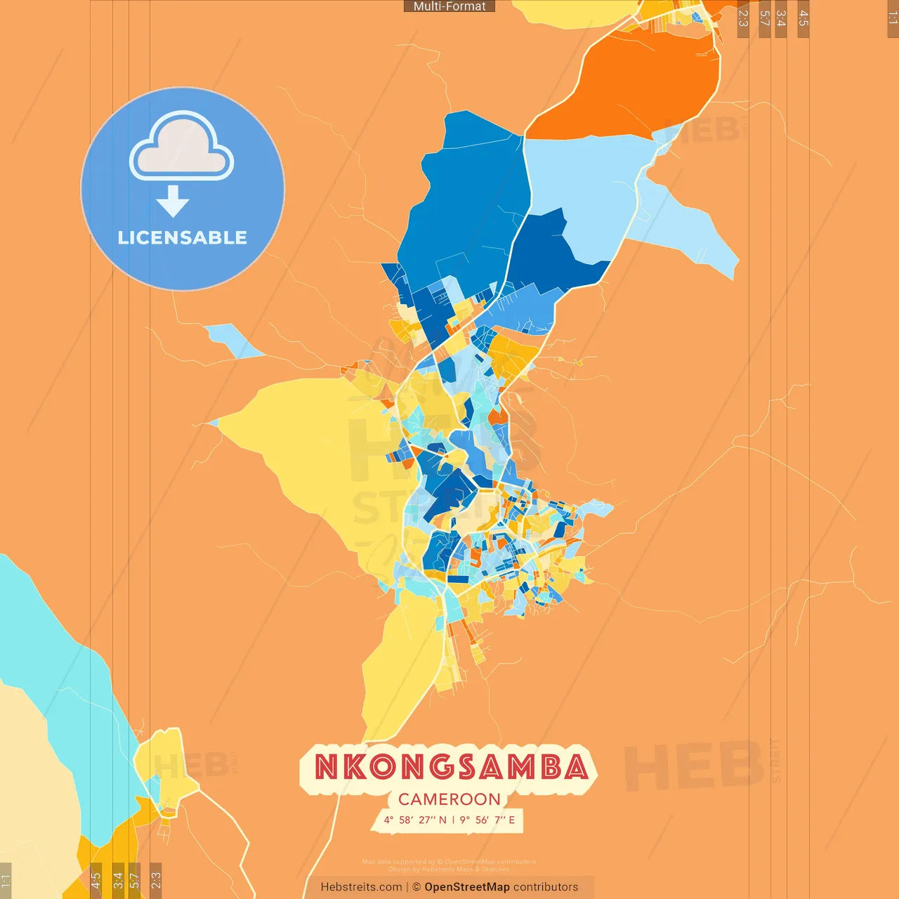 Nkongsamba, Cameroon blue and orange vector art map template