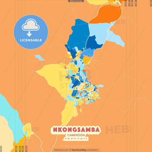 Nkongsamba, Cameroon blue and orange vector art map template