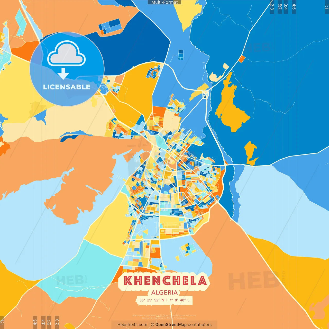 Khenchela, Algeria blue and orange vector art map template