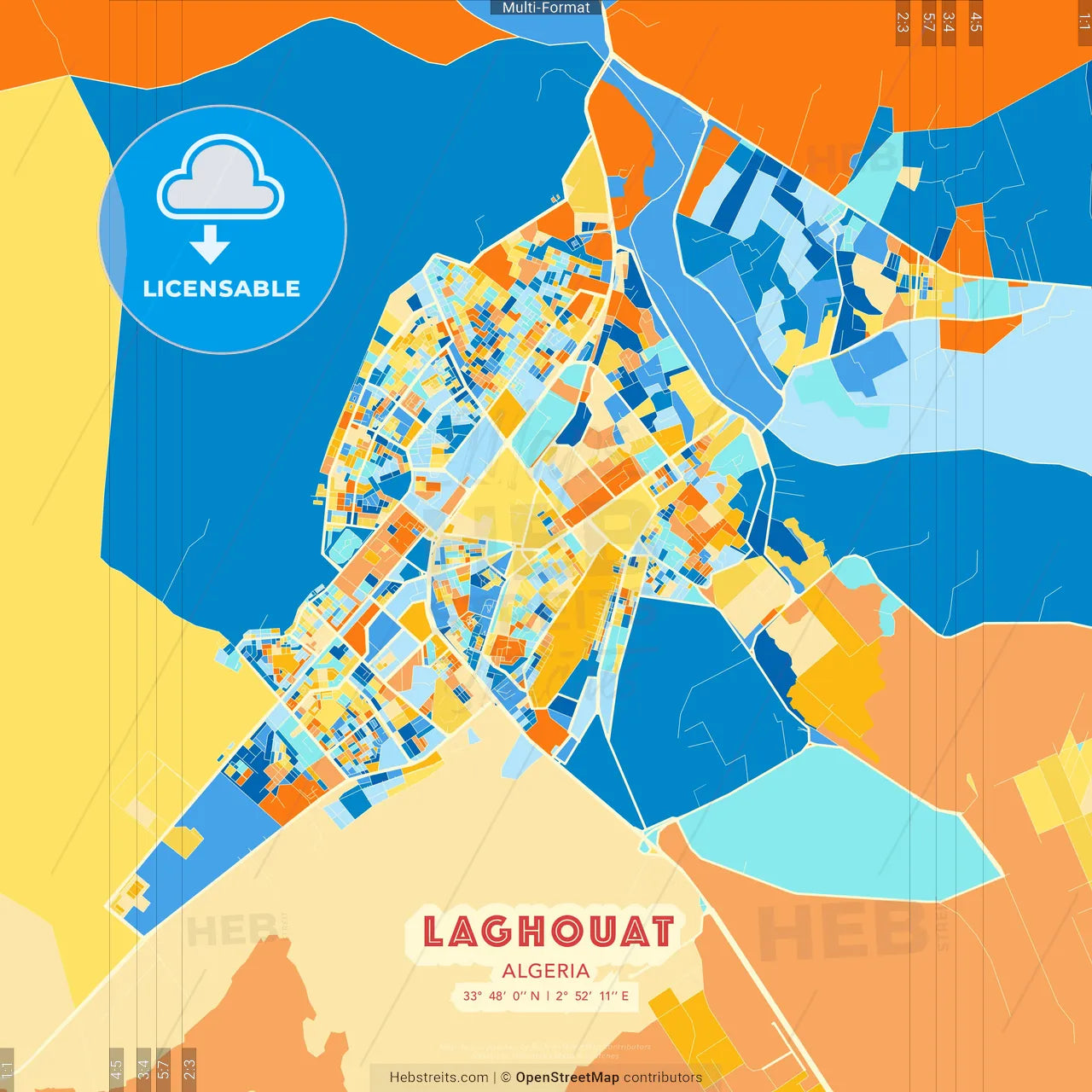 Laghouat, Algeria blue and orange vector art map template