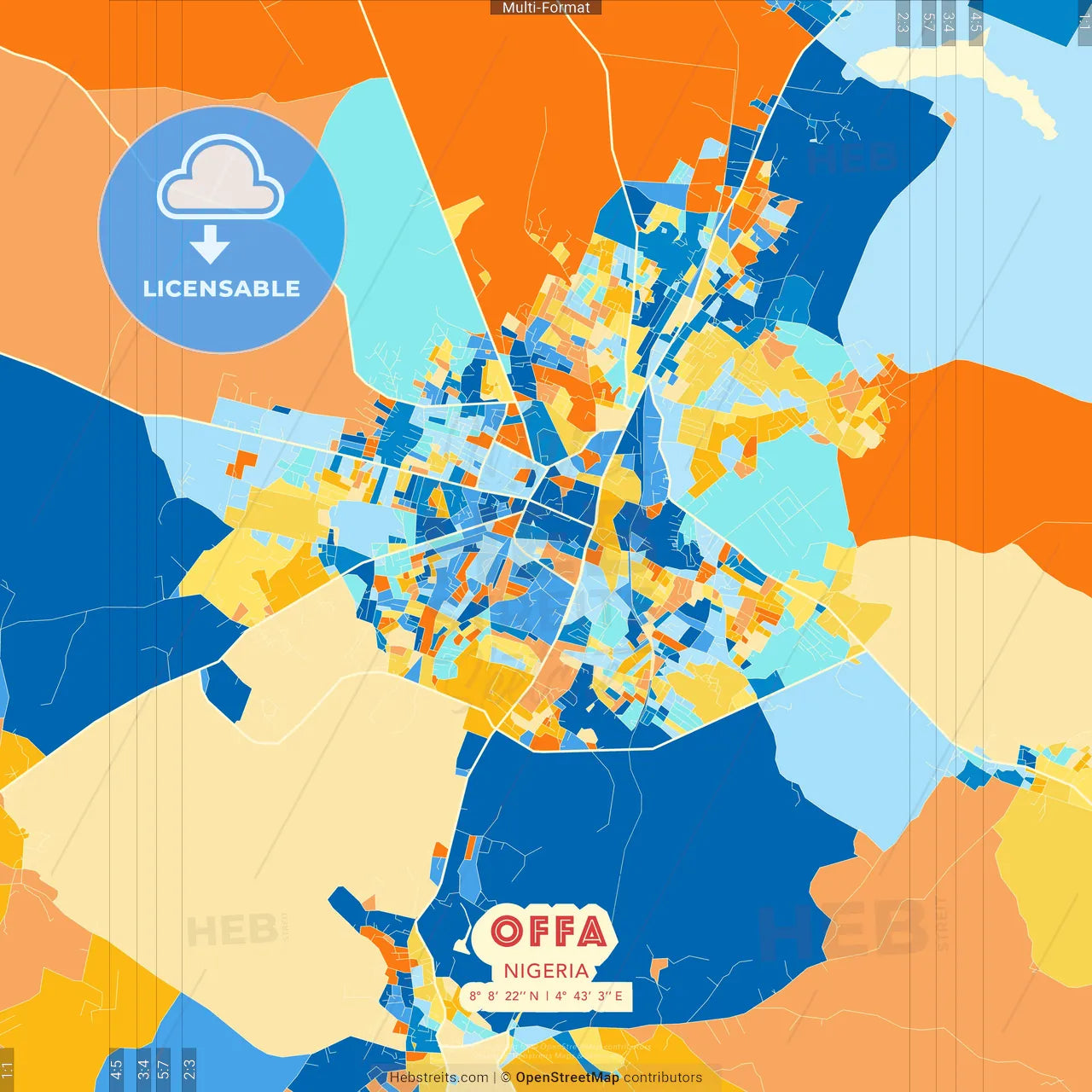 Offa, Nigeria blue and orange vector art map template