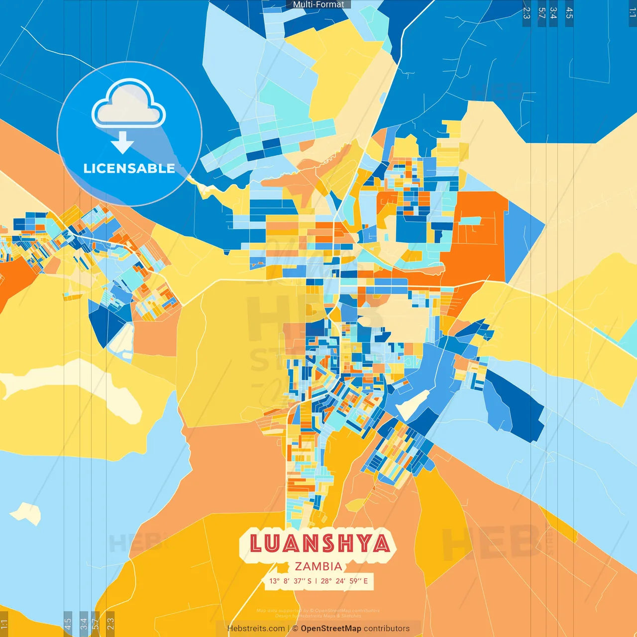 Luanshya, Zambia blue and orange vector art map template