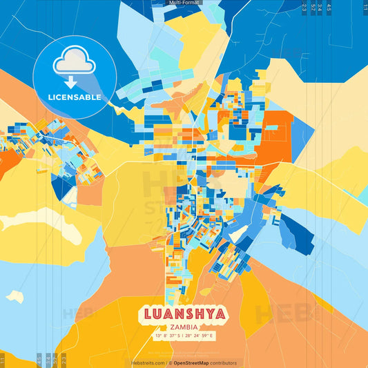 Luanshya, Zambia blue and orange vector art map template
