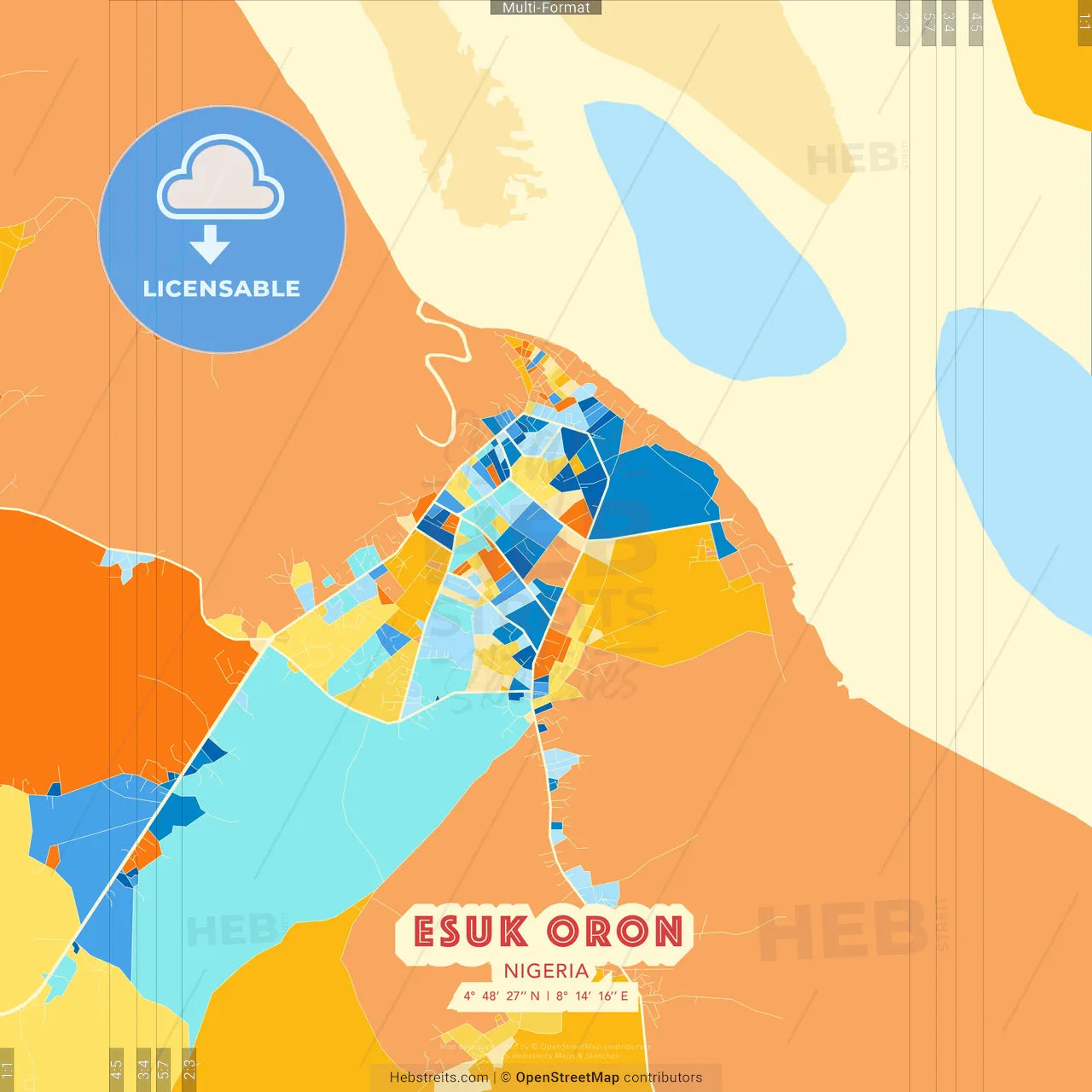 Esuk Oron, Nigeria blue and orange vector art map template