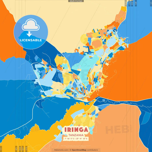 Iringa, Tanzania blue and orange vector art map template