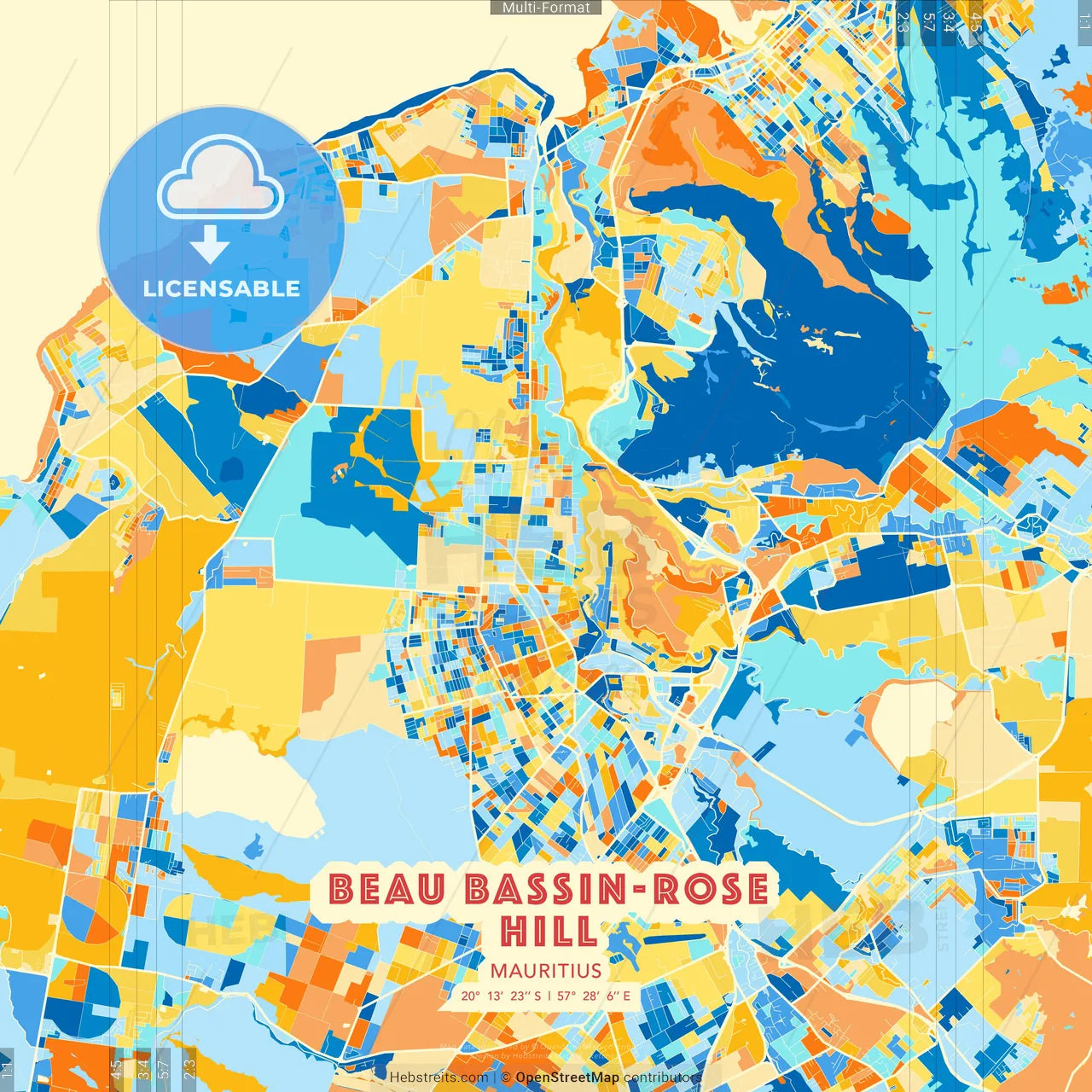 Beau Bassin-Rose Hill, Mauritius blue and orange vector art map template