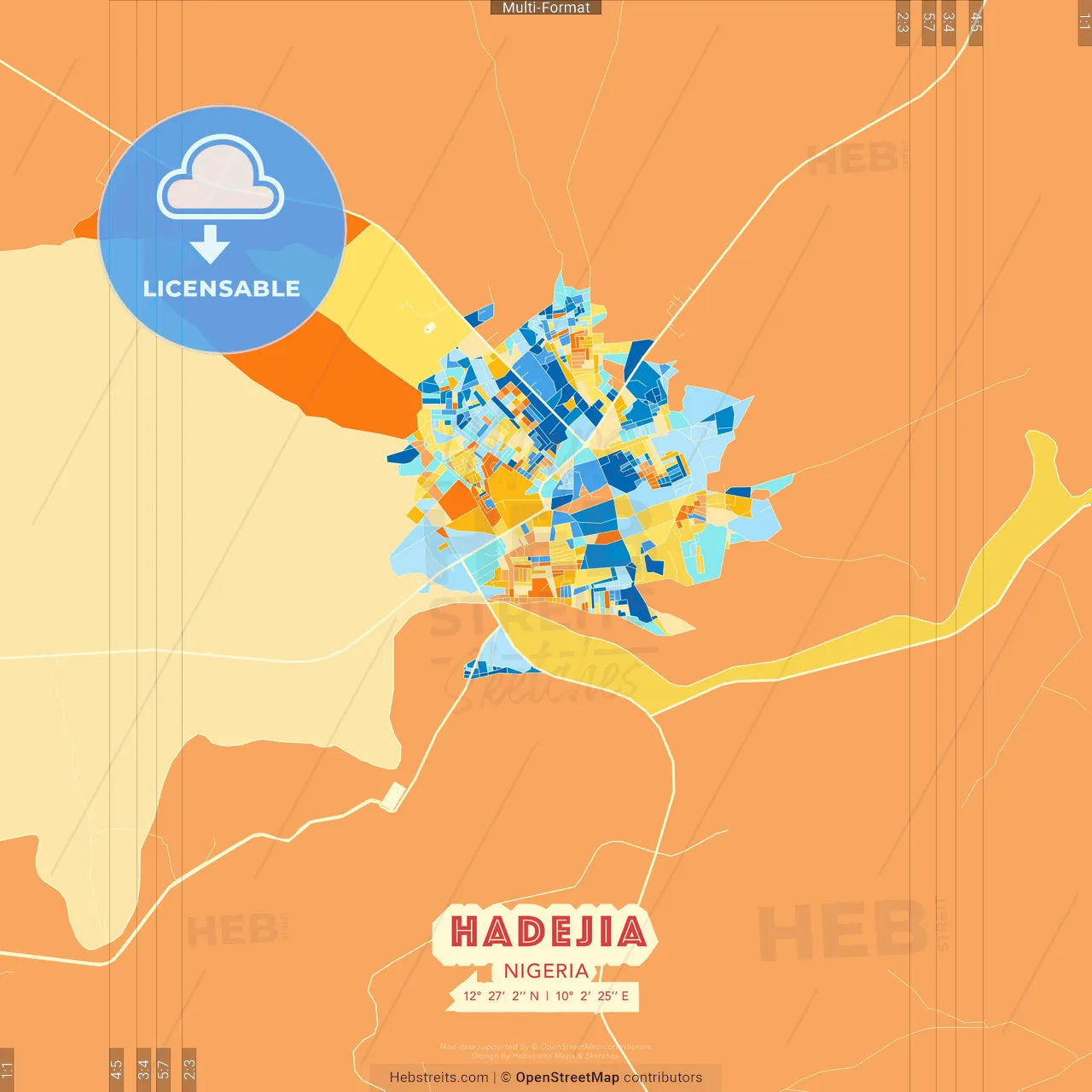 Hadejia, Nigeria blue and orange vector art map template