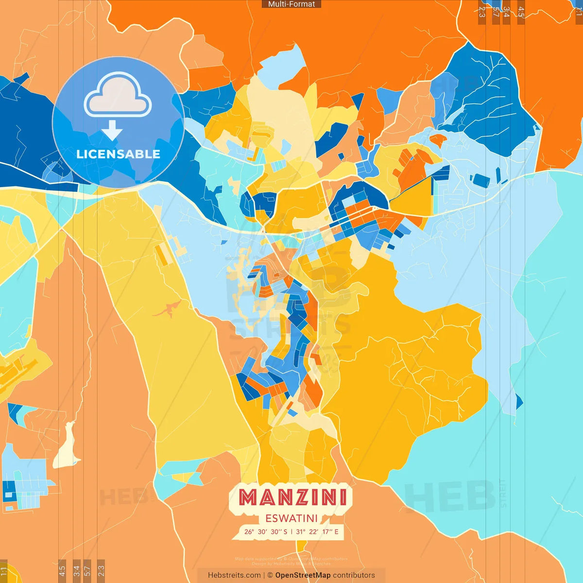 Manzini, Eswatini blue and orange vector art map template