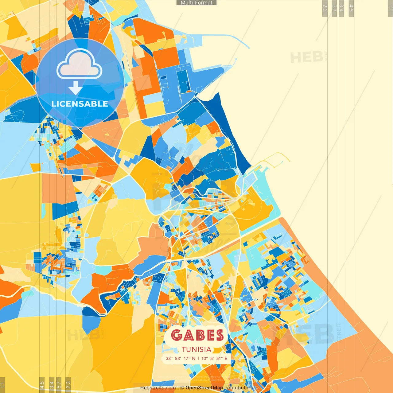 Gabes, Tunisia blue and orange vector art map template
