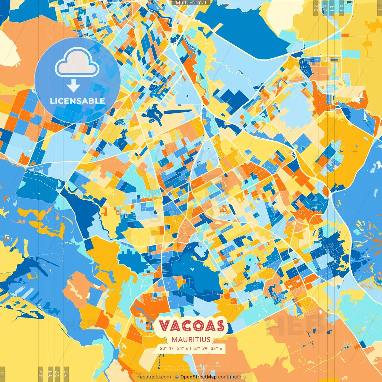 Vacoas, Mauritius blue and orange vector art map template
