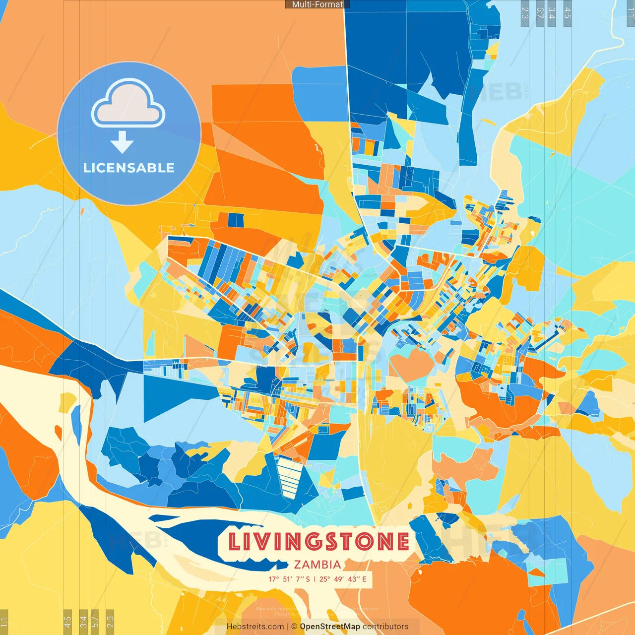 Livingstone, Zambia blue and orange vector art map template