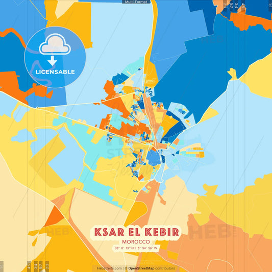 Ksar El Kebir, Morocco blue and orange vector art map template