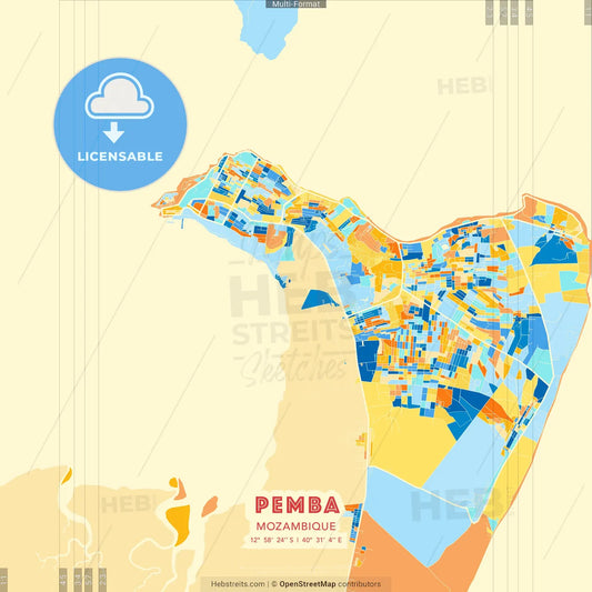 Pemba, Mozambique blue and orange vector art map template