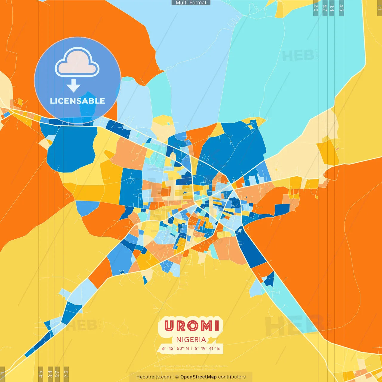 Uromi, Nigeria blue and orange vector art map template