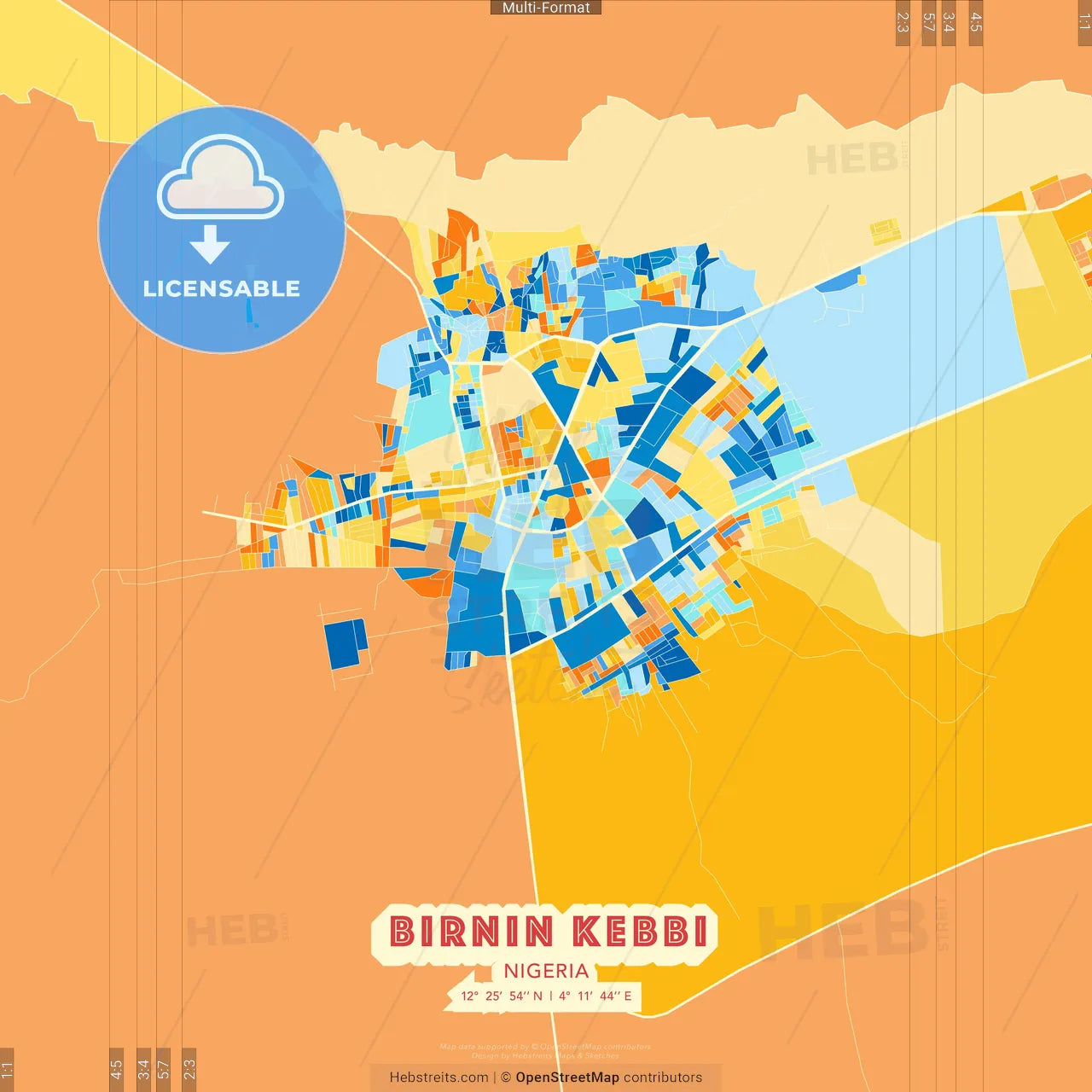 Birnin Kebbi, Nigeria blue and orange vector art map template