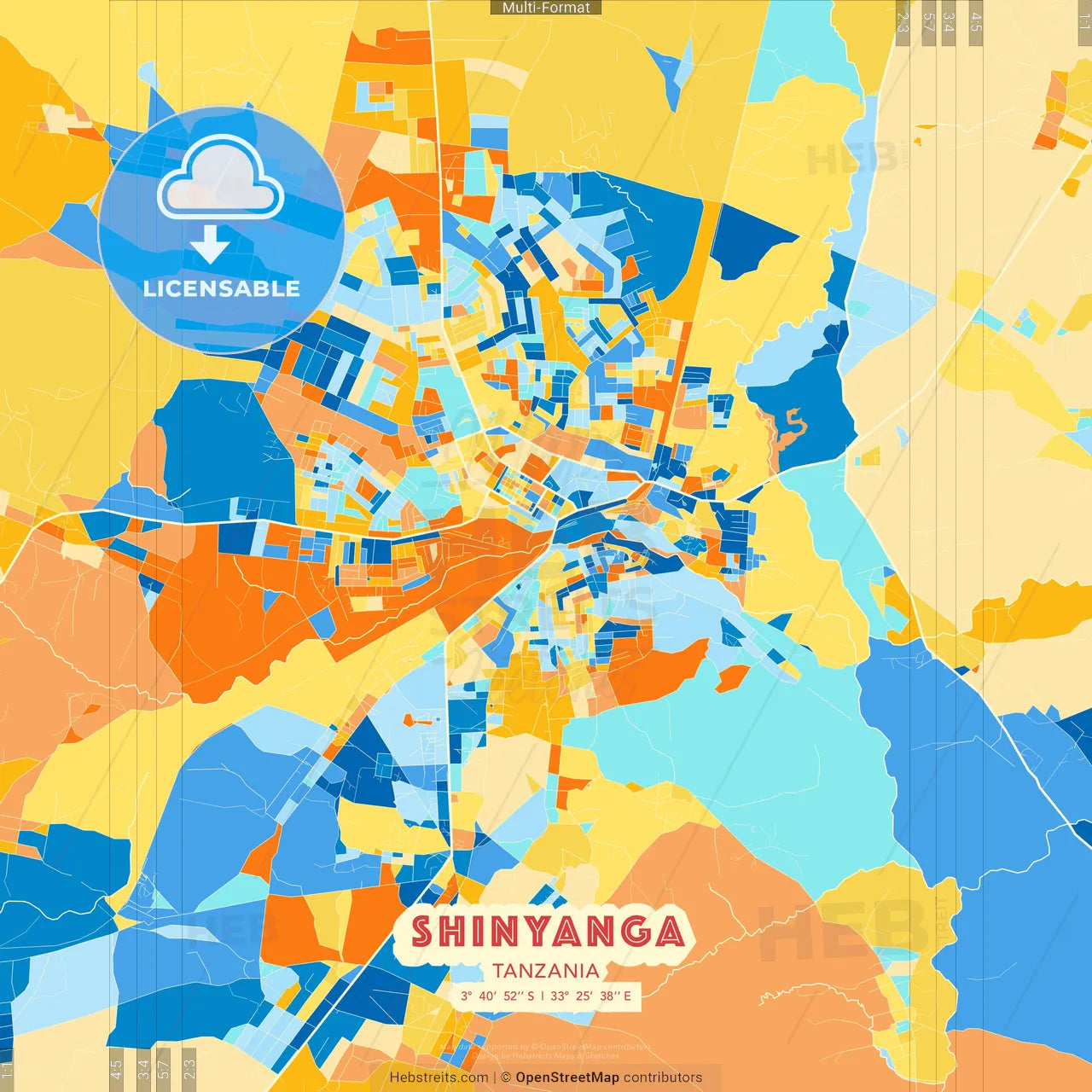 Shinyanga, Tanzania blue and orange vector art map template