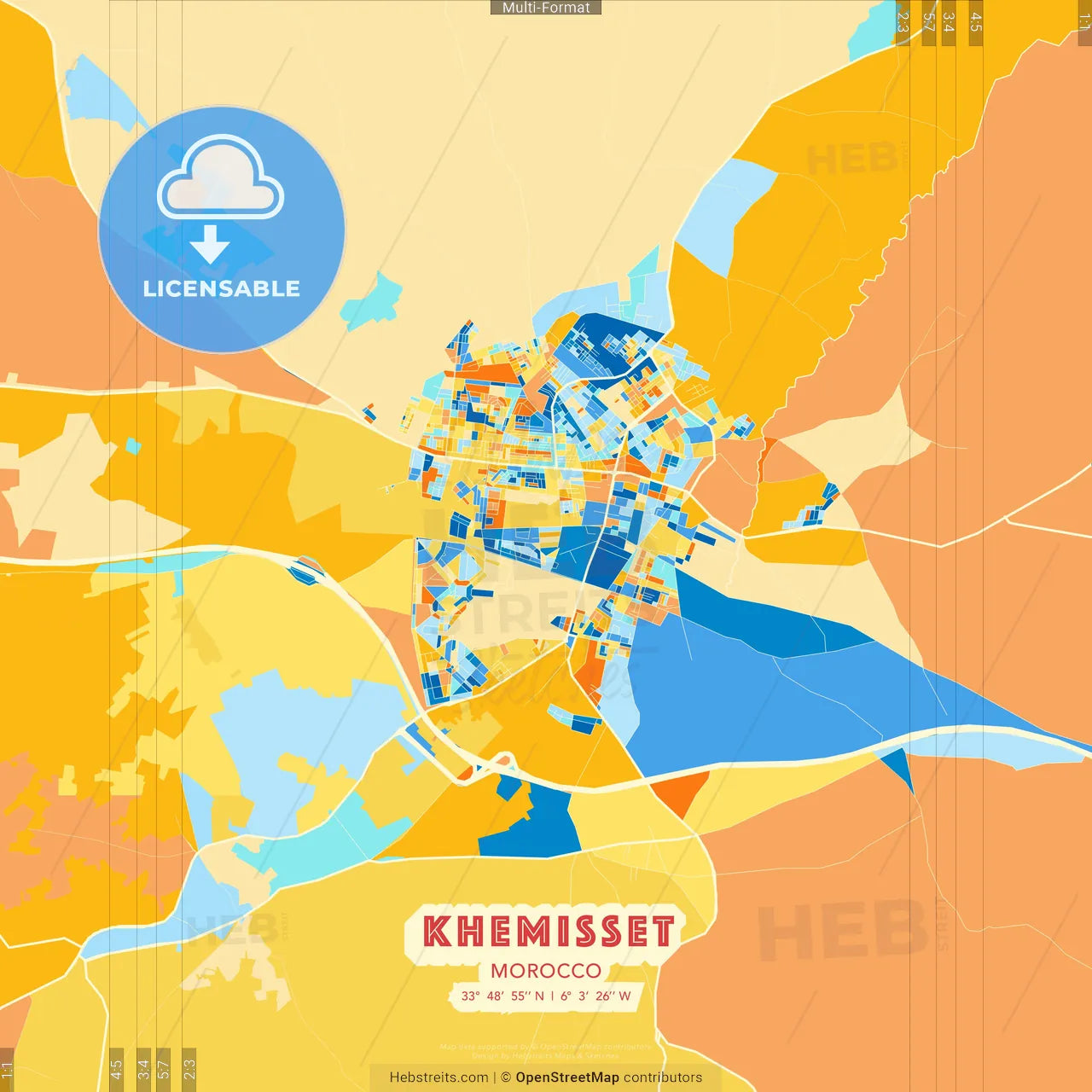 Khemisset, Morocco blue and orange vector art map template
