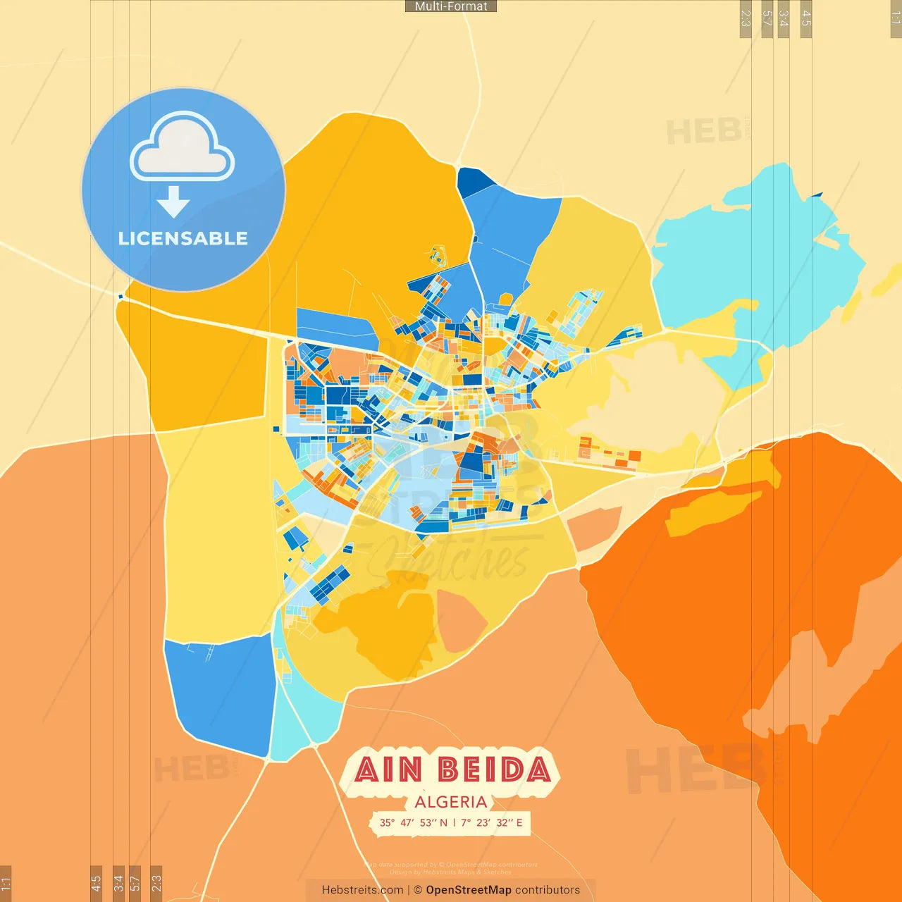 Ain Beida, Algeria blue and orange vector art map template