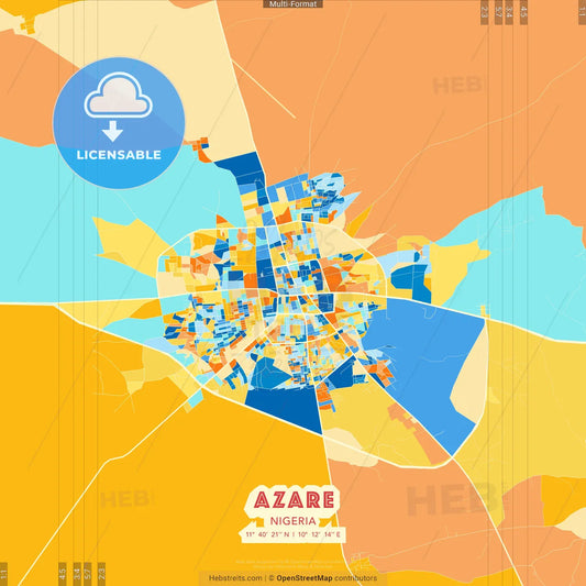 Azare, Nigeria blue and orange vector art map template