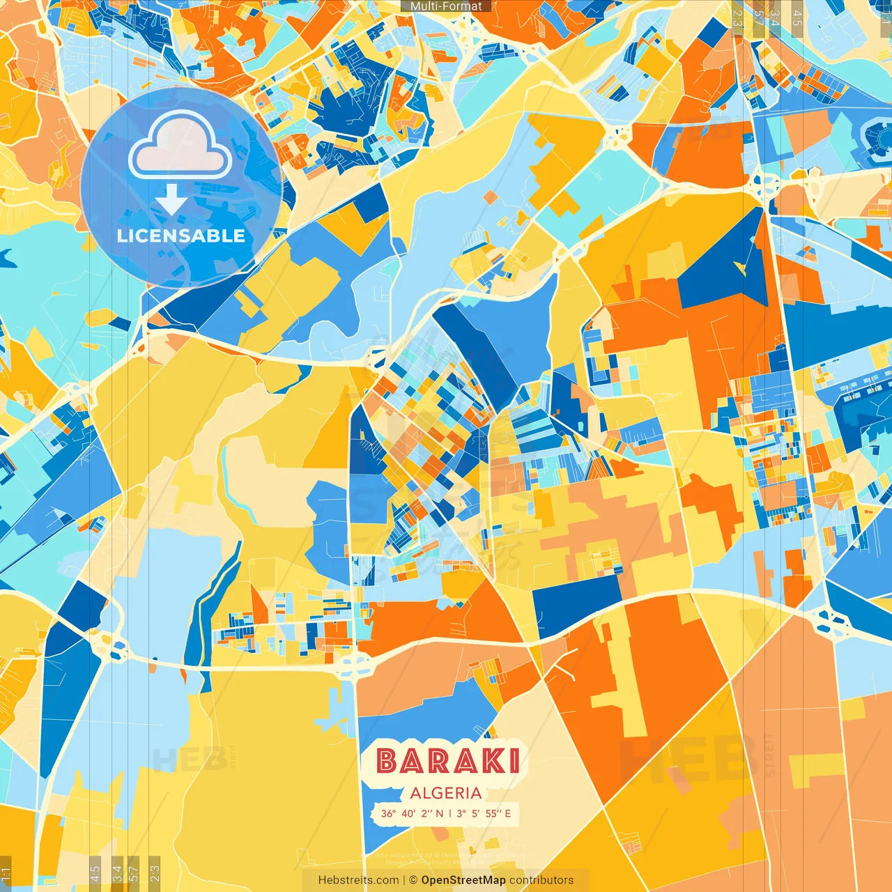 Baraki, Algeria blue and orange vector art map template