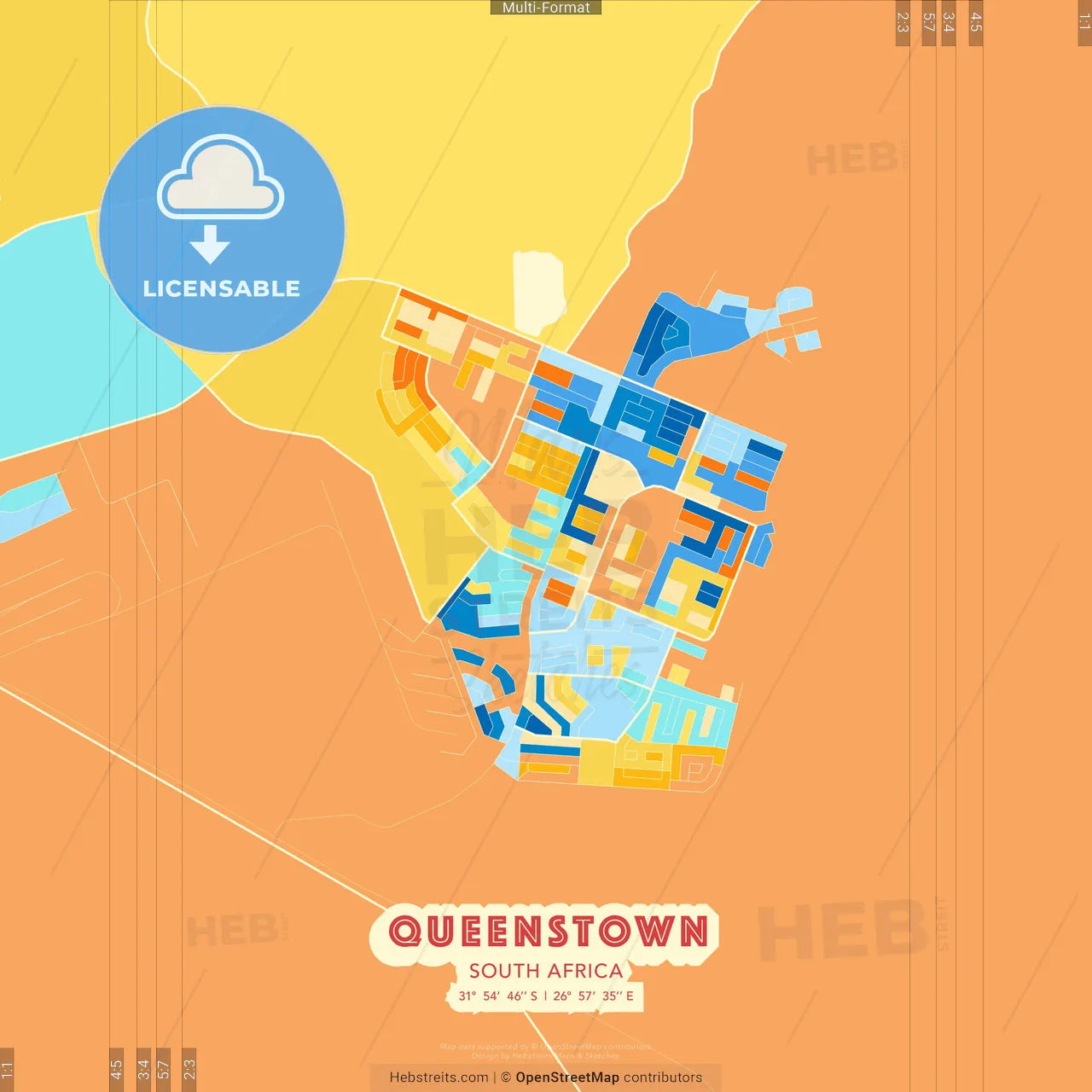Queenstown, South Africa blue and orange vector art map template