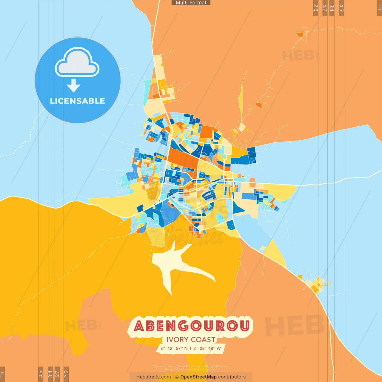 Abengourou, Ivory Coast blue and orange vector art map template