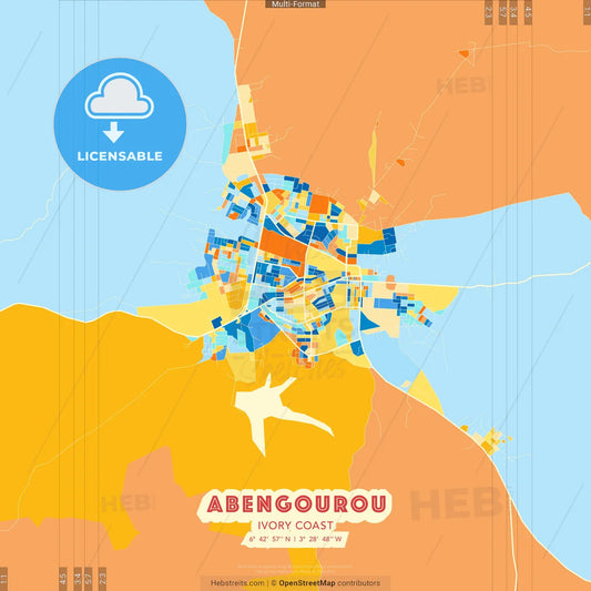 Abengourou, Ivory Coast blue and orange vector art map template