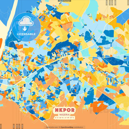 Nkpor, Nigeria blue and orange vector art map template