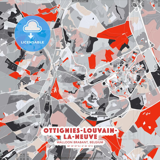 Ottignies-Louvain-la-Neuve, Walloon Brabant, Belgium - modern street map poster template with gray and red tones