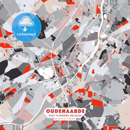 Oudenaarde, East Flanders, Belgium - modern street map poster template with gray and red tones
