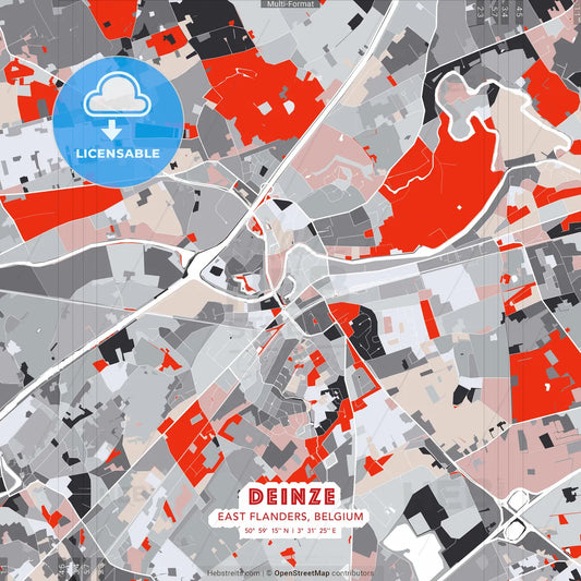 Deinze, East Flanders, Belgium - modern street map poster template with gray and red tones