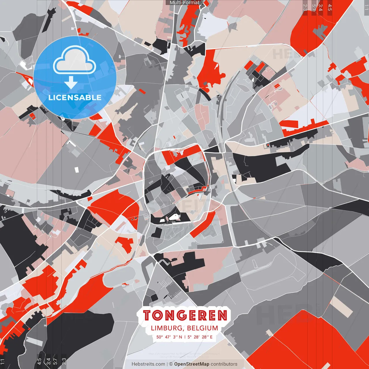 Tongeren, Limburg, Belgium - modern street map poster template with gray and red tones