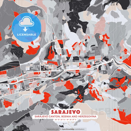 Sarajevo, Sarajevo Canton, Bosnia and Herzegovina - modern street map poster template with gray and red tones