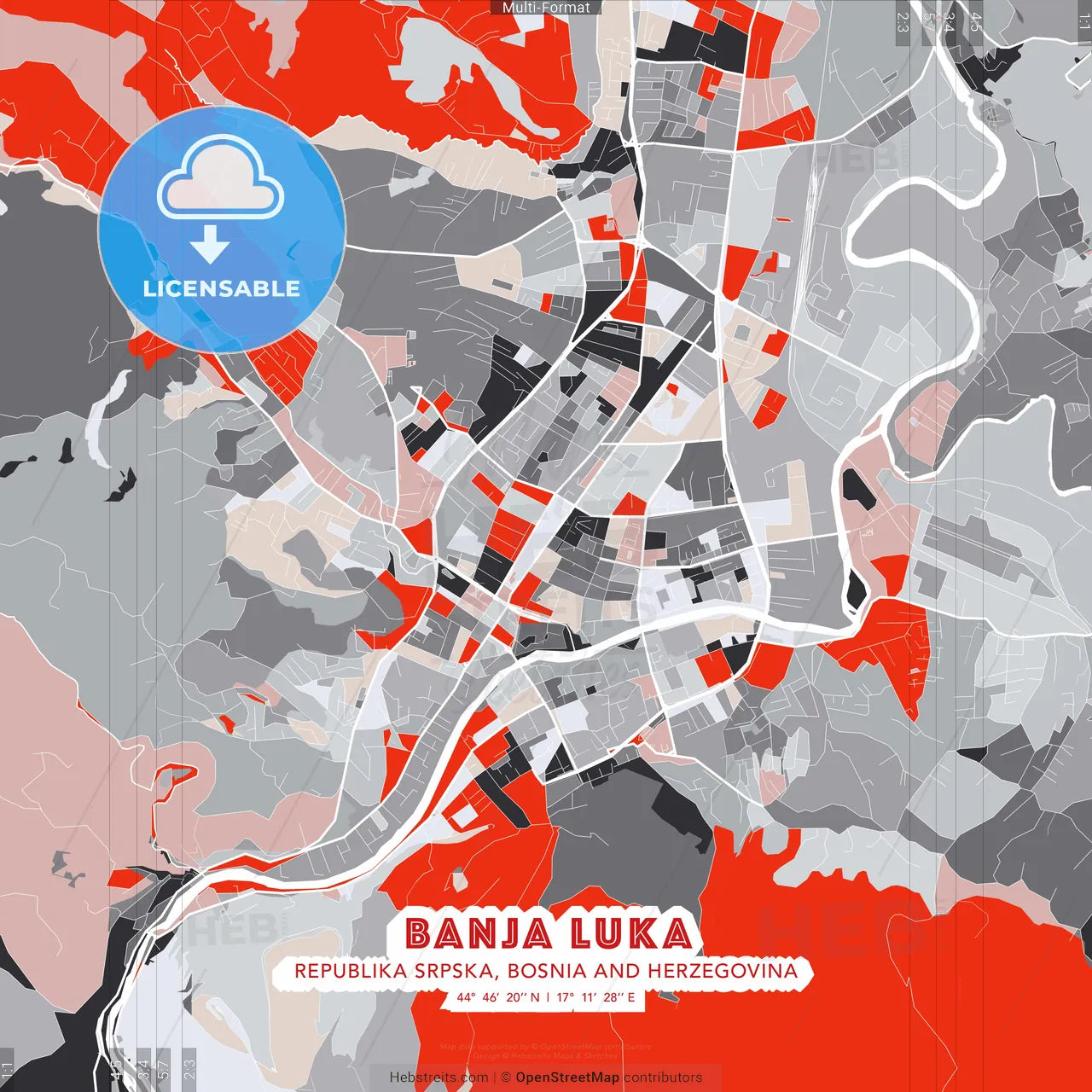 Banja Luka, Republika Srpska, Bosnia and Herzegovina - modern street map poster template with gray and red tones