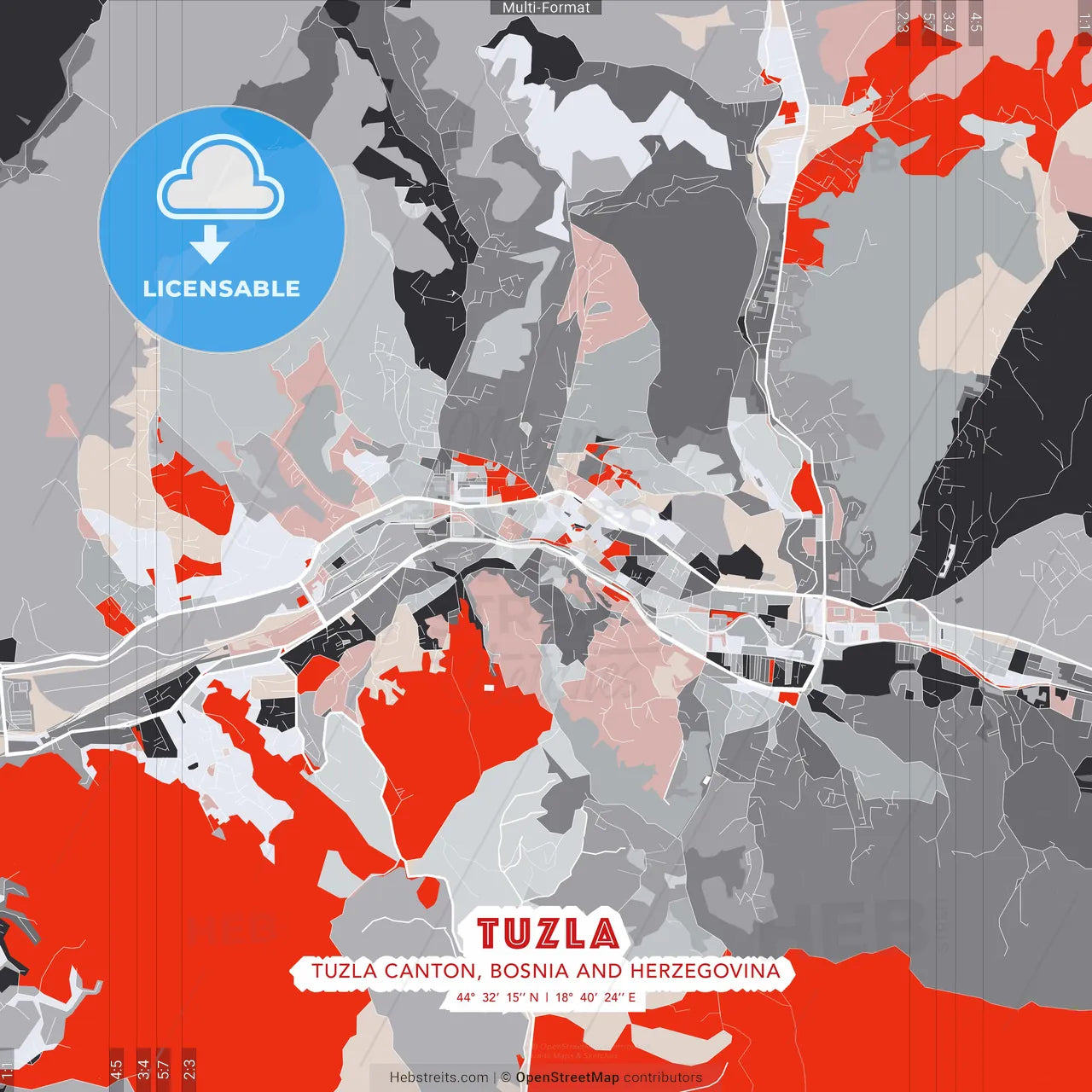 Tuzla, Tuzla Canton, Bosnia and Herzegovina - modern street map poster template with gray and red tones
