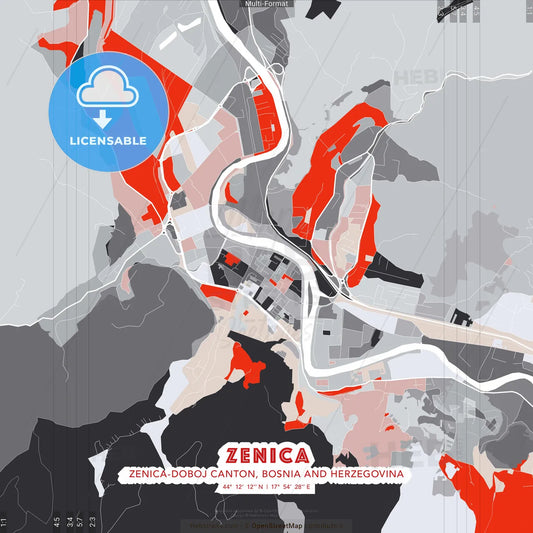 Zenica, Zenica-Doboj Canton, Bosnia and Herzegovina - modern street map poster template with gray and red tones