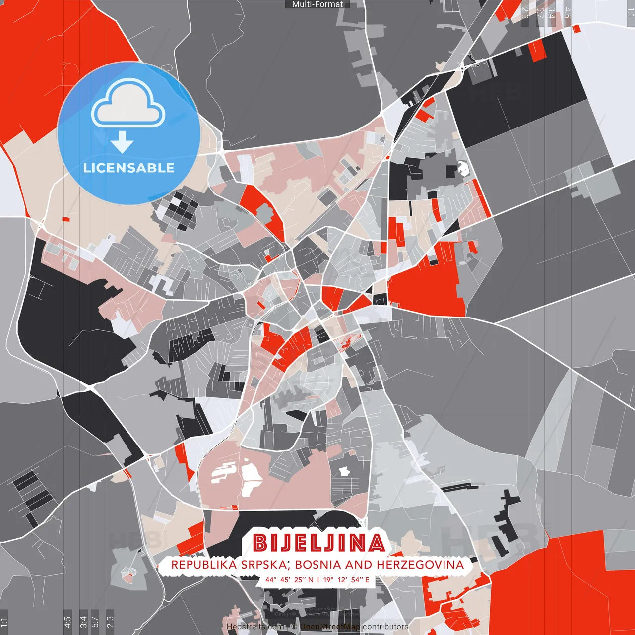 Bijeljina, Republika Srpska, Bosnia and Herzegovina - modern street map poster template with gray and red tones