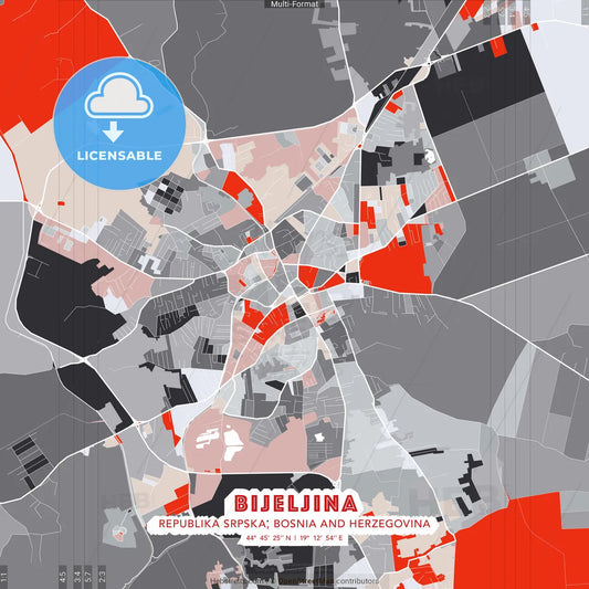 Bijeljina, Republika Srpska, Bosnia and Herzegovina - modern street map poster template with gray and red tones