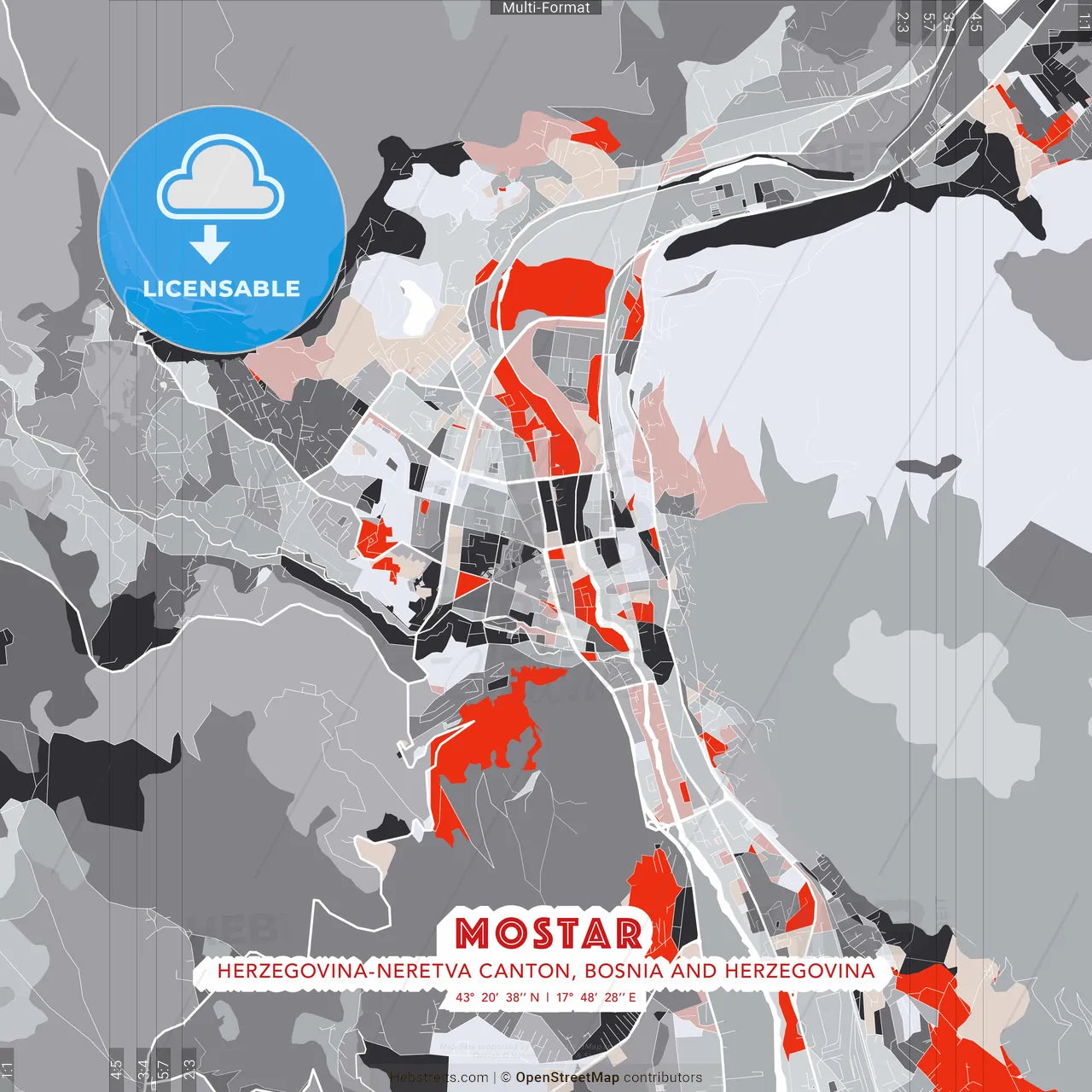 Mostar, Herzegovina-Neretva Canton, Bosnia and Herzegovina - modern street map poster template with gray and red tones