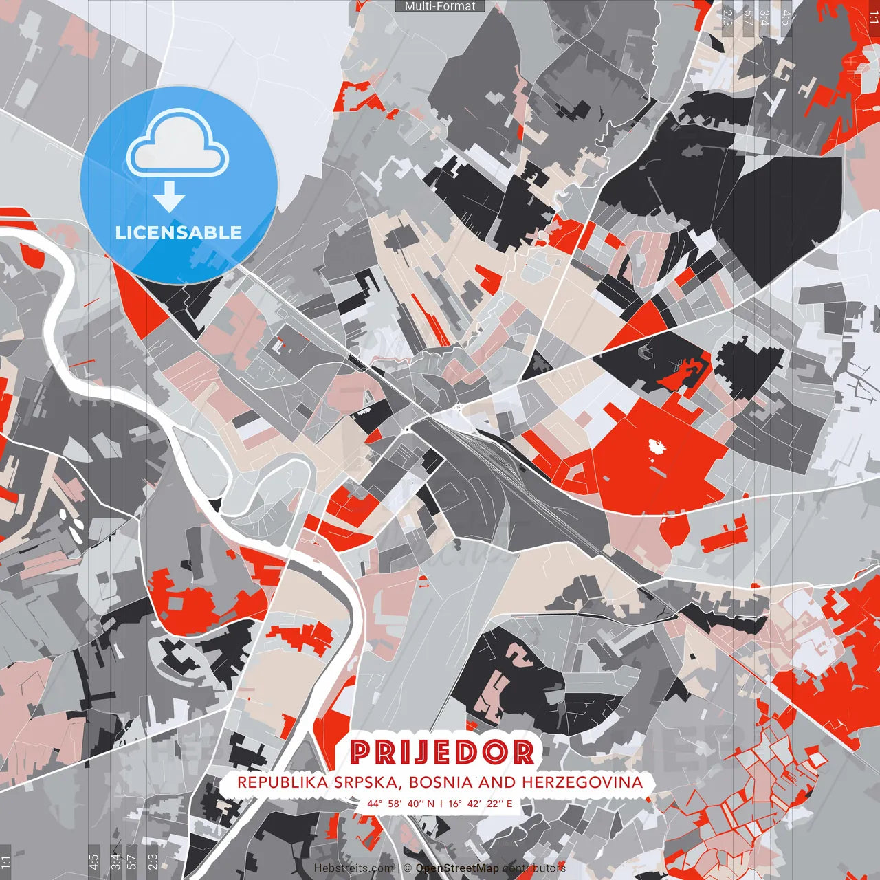 Prijedor, Republika Srpska, Bosnia and Herzegovina - modern street map poster template with gray and red tones
