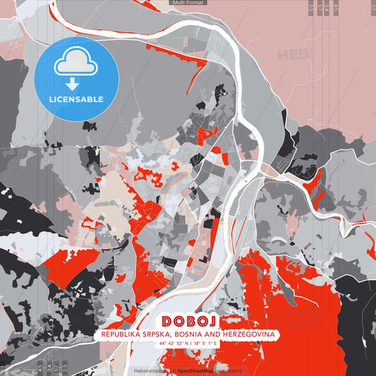 Doboj, Republika Srpska, Bosnia and Herzegovina - modern street map poster template with gray and red tones