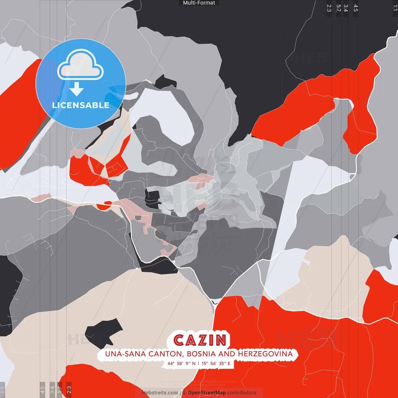 Cazin, Una-Sana Canton, Bosnia and Herzegovina - modern street map poster template with gray and red tones