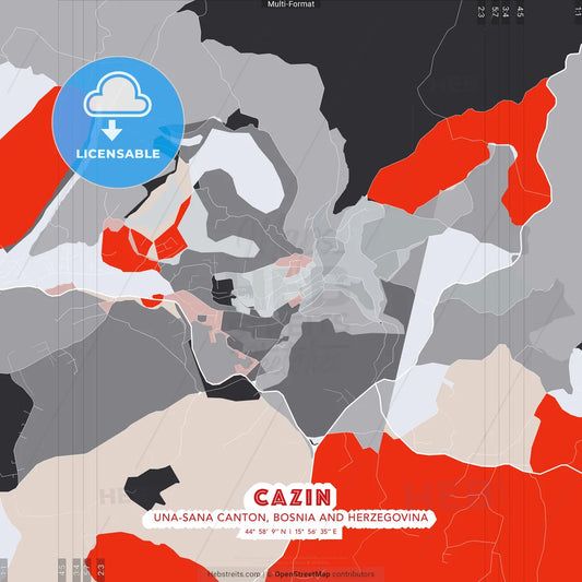 Cazin, Una-Sana Canton, Bosnia and Herzegovina - modern street map poster template with gray and red tones