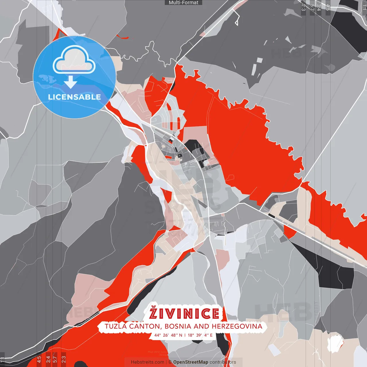 Živinice, Tuzla Canton, Bosnia and Herzegovina - modern street map poster template with gray and red tones