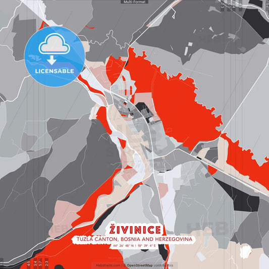Živinice, Tuzla Canton, Bosnia and Herzegovina - modern street map poster template with gray and red tones