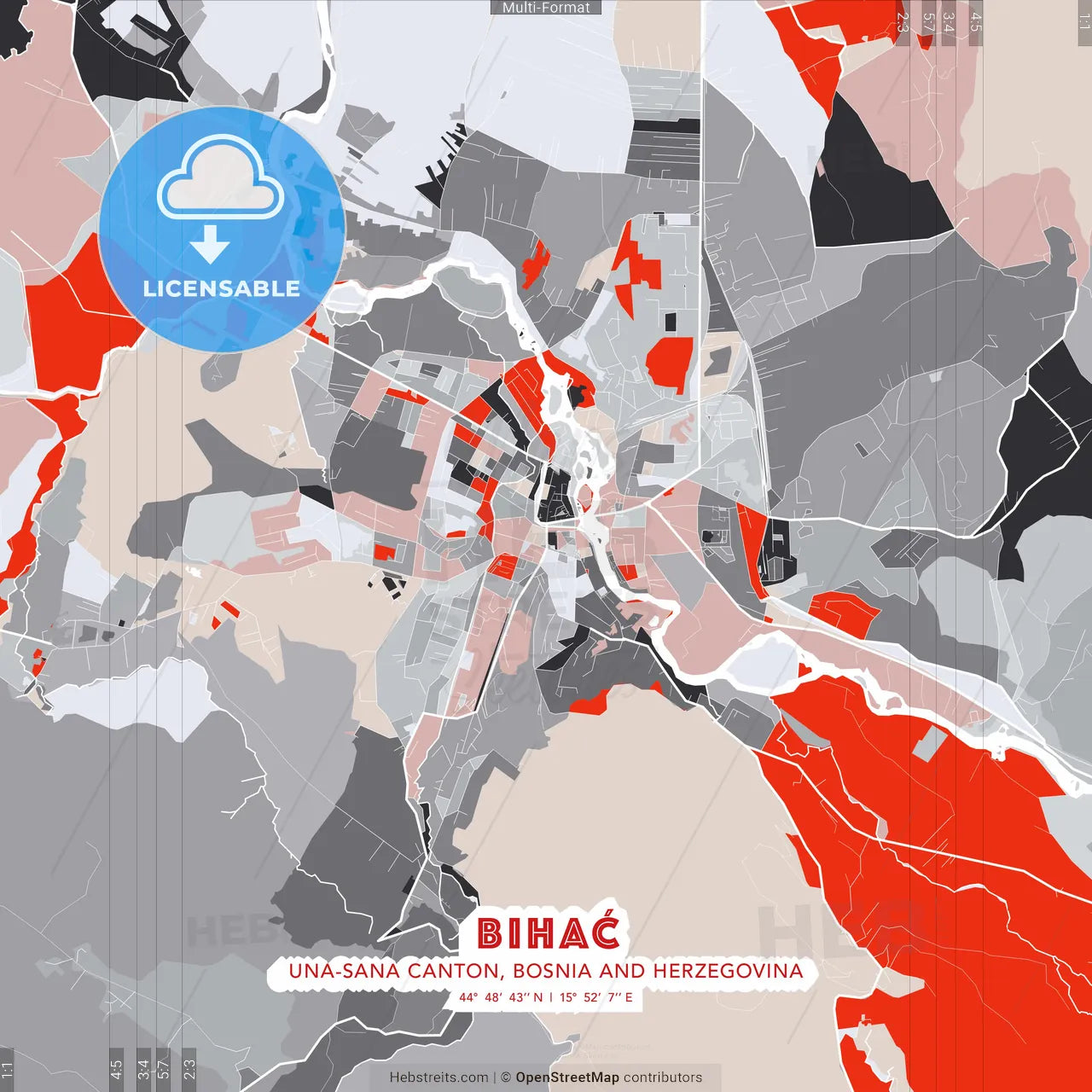 Bihać, Una-Sana Canton, Bosnia and Herzegovina - modern street map poster template with gray and red tones