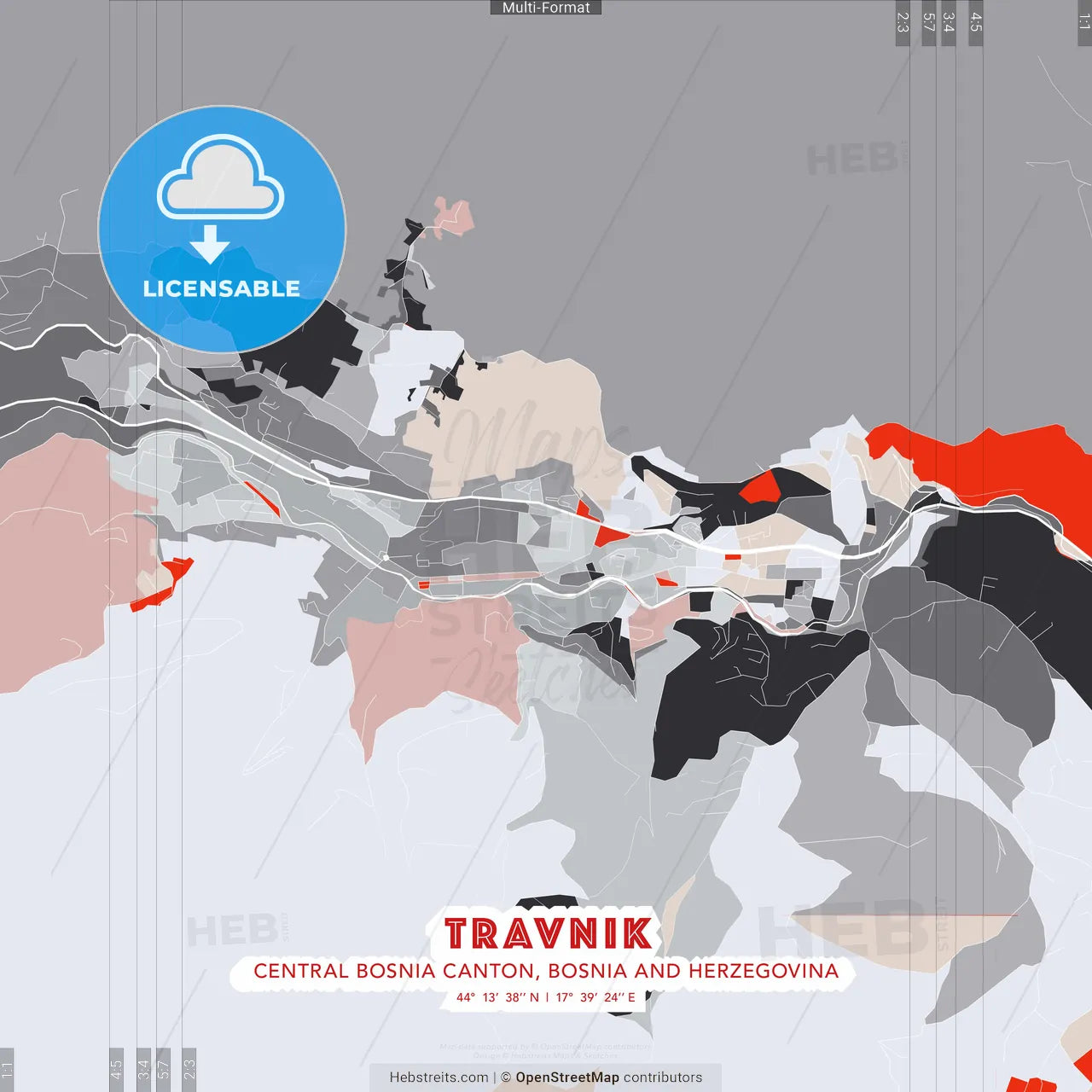 Travnik, Central Bosnia Canton, Bosnia and Herzegovina - modern street map poster template with gray and red tones